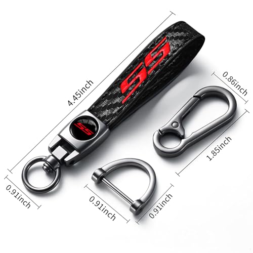 Image of Black SS Car Keychain for Chevy Camaro, Black Leather & Metal Car Key Fob Holder, Red SS Logo Car Keychain Accessories
