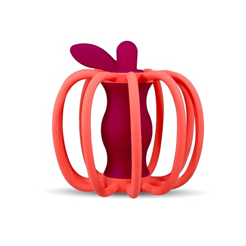 Image of RaZbaby RaZ-Apple Silicone Teether & Rattle Toy – Soft, Flexible & Easy to Hold, Soothing Sounds for Entertainment, Textured for Teething Relief, Nipple-Shaped Stem for Comfort – BPA-Free, 3M+