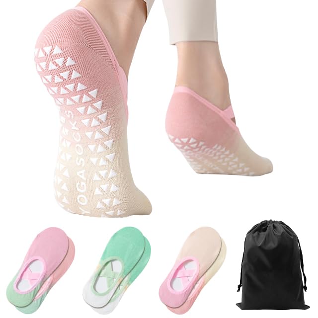 Image of Women's Grip Socks with Straps - 3 Pairs Non Slip Socks for Pilates, Yoga, Ballet & Barre Dance