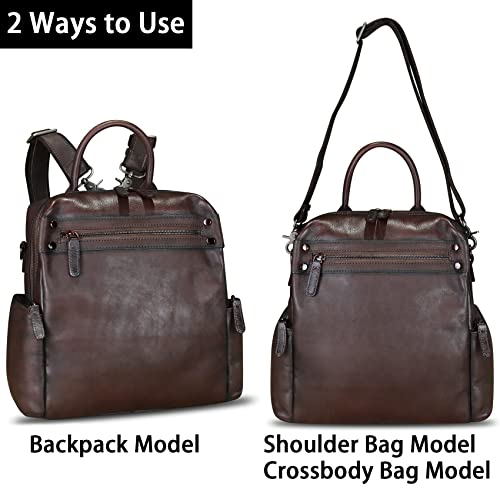Image of Genuine Leather Backpack for Women Convertible Design Shoulder Bag Vintage Casual Daypack Knapsack Rucksack Purse (Coffee)
