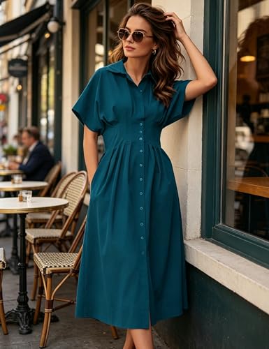Image of Yeokou Shirt Dress for Women Summer Casual Short Sleeve Button Down Loose Pleated Maxi Sundress with Pockets