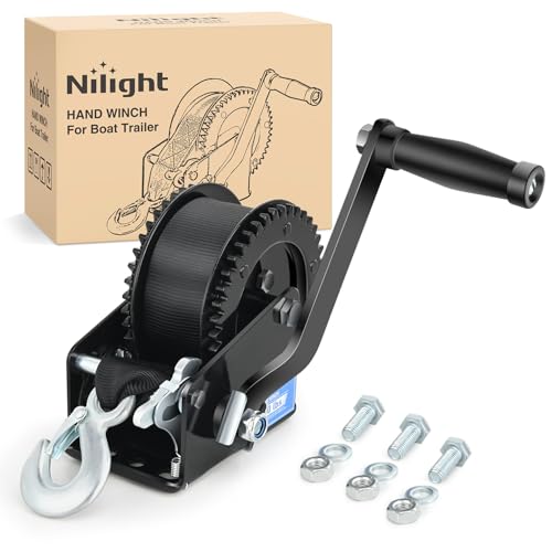 Nilight Boat Trailer Winch 2000 Lbs Hand Crank Winch Heavy Duty Boat Winches with 23Ft Strap Rope Hook 2-Way Ratchet 4:1 Gear Portable Marine Manual Winch for Trailers Boats RV ATV Jet Ski Towing by Nilight - Used condition - US$28.76