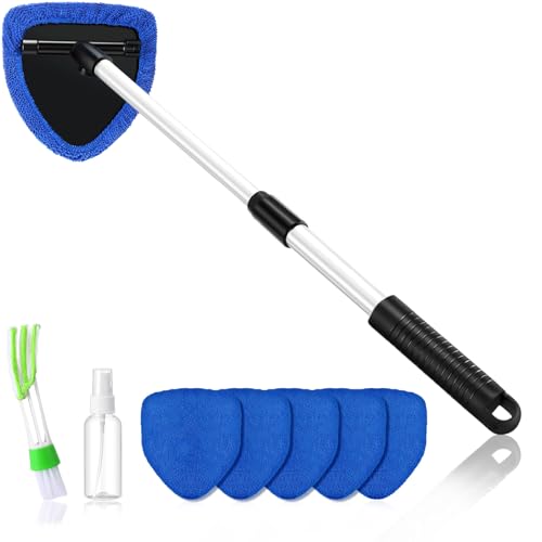 Baderke 8 Pcs Car Window Cleaner Kit Include Windshield Cleaning Tool with Extendable Handle 5 Microfiber Bonnets 1 Car Ventilation Brush 1 Empty 50ml Spray Bottle Glass Wiper Kit(Blue,29 Inch)