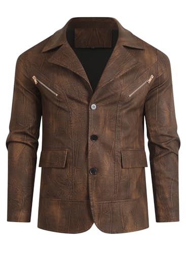 HOOD CREW Mens Casual Leather Blazer Vintage Lightweight Coat Button Closure Style Faux Leather Jackets for Men3