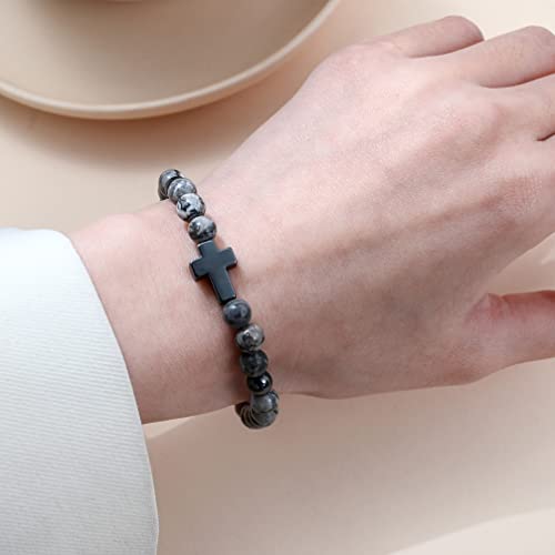 Softones 6Mm Cross Beaded Bracelet For Girls Women Natural Stone Stretch Link Prayer Bracelet For Boy Girls,7.1" #TOP2