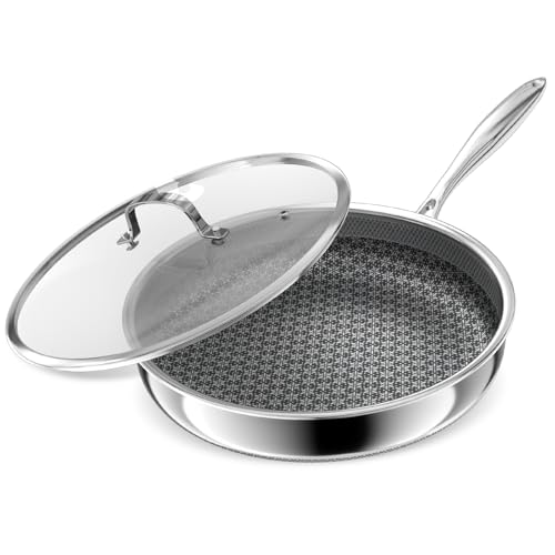 Image of KURRUNGIE Hybrid Non Stick Frying Pans, 10-inch Stainless Steel Frying Pans with Tempered Glass Lid, 5 Ply Induction Cookware, Dishwasher-Friendly, Oven-Safe Up to 800°F, Compatible with All Cooktops