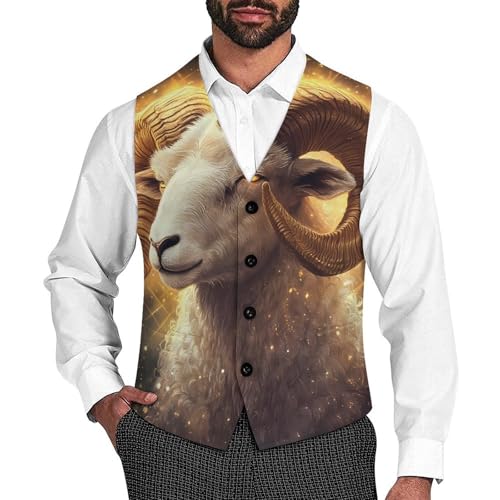 Zodiac Sign Aries Golden Suit Vest for Men Slim Fit Tuxedo Waistcoat Button Down V Neck Business Dress Coat