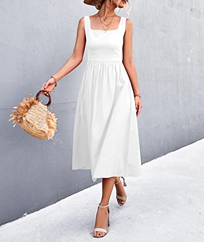 Image of xxxiticat Women's Square Collar Casual Dress Sleeveless Pleated A-Line Summer Beach Boho Elegant Backless Midi Dress