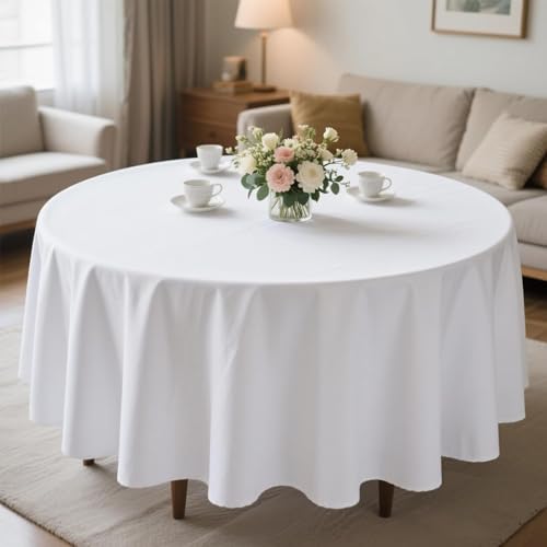 Kesfey Ronde Nappe de Polyester 228cm nappes Blanches Couverture de Table Banquet Tables Rondes Couverture de Table pour Mariages fête et Camping Pique-Nique...