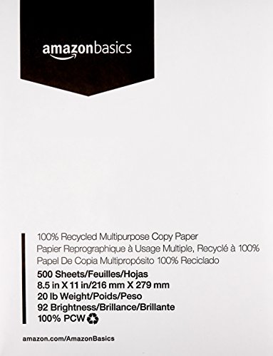 Amazon Basics 100% Recycled Multipurpose Copy Printer Paper - 8.5 x 11 Inches, 1 Ream (500 Sheets), White