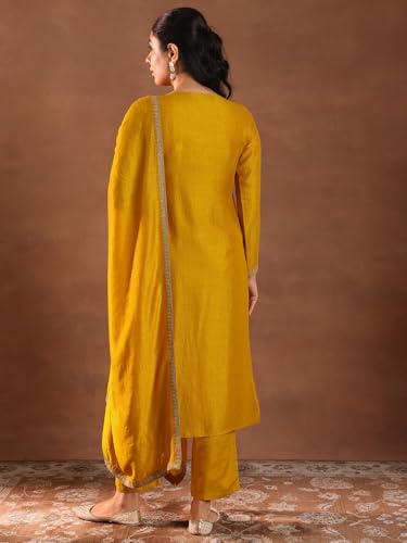 Image of Libas Embroidered Silk Blend Straight Kurta With Trouser and Dupatta