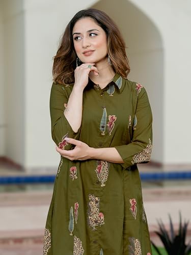 Image of Arayna Women's Pure Cotton Printed A-Line Kurta Set with Pants | Button-Down Collar Kurta