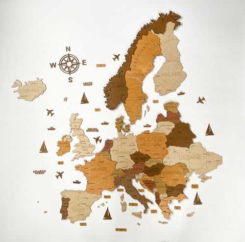 3D Wooden map of Europe - Wall Decor - Map Size (M, L, XL) - Wall Art For Home, Kitchen or Office (75 x 75 cm)