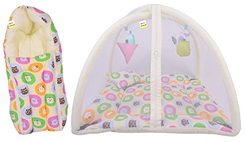 Image of Kwitchy Baby Bedding Set New Born Baby Bed | Mattress | Mosquito Net | Play Gym | Playmats | Cotton | Infants | Gift Combo | Bed with Hanging Toys (0-6 Months) Yellow (2PCS Set)