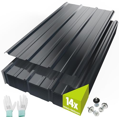Mondeer 14x Tole Ondulée pour Toiture, 105x56cm = 8m² Plaques de Toiture Ondulées en Acier Galvanisé, pour Garage Abris de Jardin Revêtement Mural en Métal, Anthracite