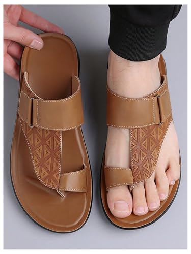 Image of GORGLITTER Men's Leather Sandals Slide Beach Outdoor Round Flip Flops Slip On Slippers