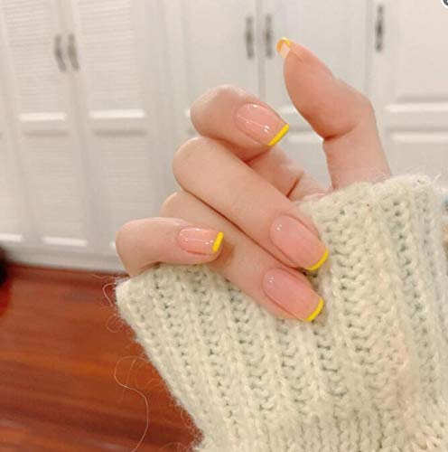 Evazen Square Glossy Fake Nails Pink Yellow Short False Nails French Veins Press on Nails Transparent Gradient Nails Artificial Daily Nail for Women and Girls (Pack of 24)