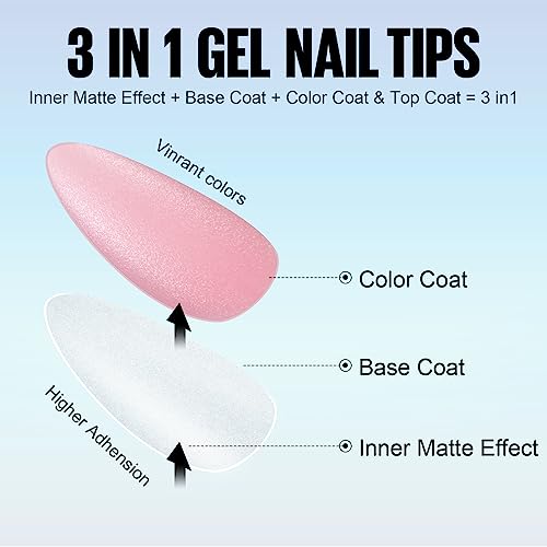 Tomicca Short Almond Nail Tips, Soft Gel Acrylic Press On Nails With 3 In 1 X Coat Nails, Color Nail Tips Full Cover And Preformed Full Base Coat For Beginners - 180Pcs Light Pink #TOP2