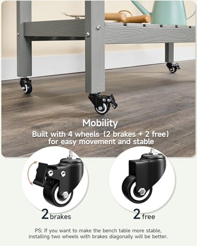 HDPS Outdoor Potting Bench with Sliding Tabletop/ 4 Wheels/Removable Sink, All-Weather Outside Garden Work Table, No Rust/Fade/Break, Potting Station for Porch, Patio & Backyard (Grey) - Thumbnail 5