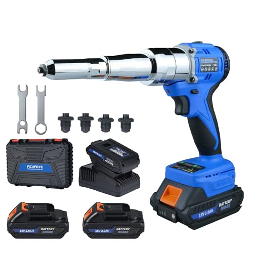 FICHFOYE 5000lbf Cordless Rivet Gun, 18V Brushless Electric Riveting Tool with 2Ã—2.0Ah Batteries & Fast Charger, Automatic Rivet Gun for 3/32\"â€“3/16\" Stainless, Steel & Aluminum Rivets