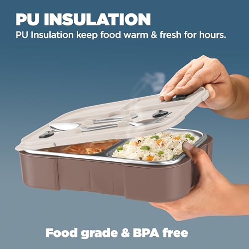 Image of MILTON Ethan 3 Inner Stainless Steel Tiffin Box for School, 3 Partition, Steam Release Plug | PU Insulated, Leak-Proof, Food Grade I Lunch Box for Kids Boys, Girls with Snap Lock Lid, 600 ml, Taupe