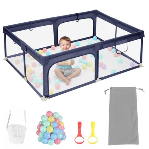 GYCS Parque Infantil Bebe Corralito Bebe con Malla Transpirable Parque De Juegos Bebe Plegable con Puerta Lateral Playpen Bebe Fácil De Montar Y De Limpiar,Dark Blue,150X200X60CM