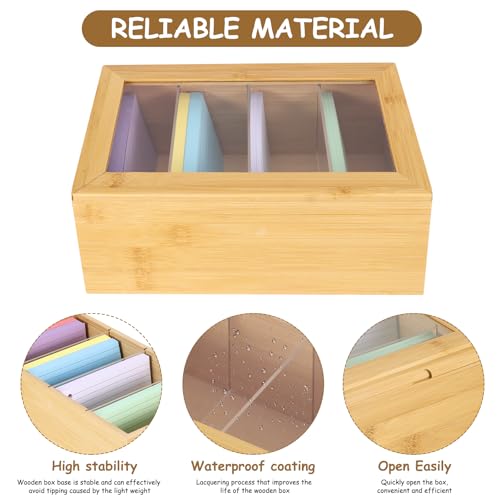 A7 Karteikarten Box Holz mit Transparent Deckel, 25cm*15cm*10cm Vokabelbox Lernkarteibox mit 4 Fächer & 300pcs Karteikarten für Büro Schulen und Heim