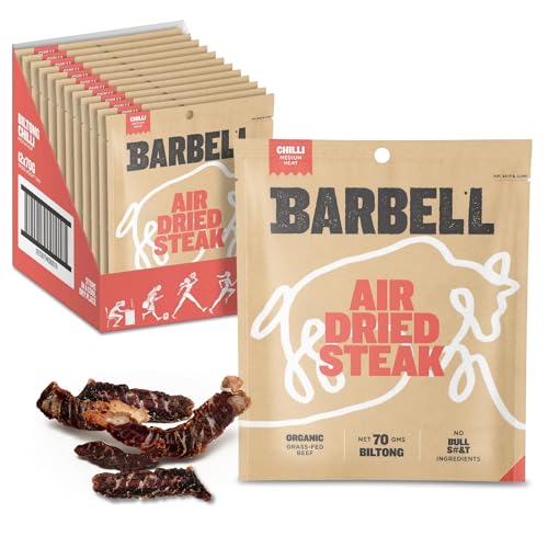 Barbell Biltong Air Dried Steak, Chilli, 12x70g Bags, Grass-Fed Beef, High Protein Meat Snack