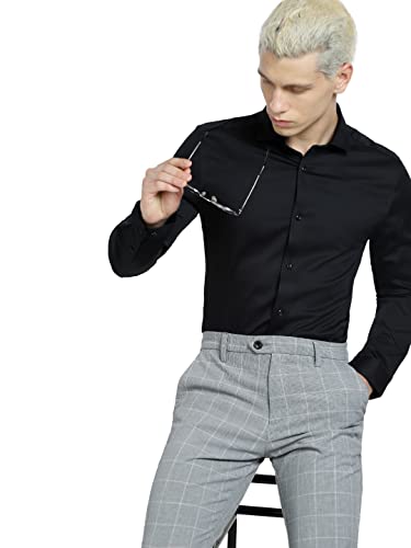 Image of Jack & Jones Men's Cotton Slim Fit Solid Opaque Checked Spread-Collar Casual Shirt
