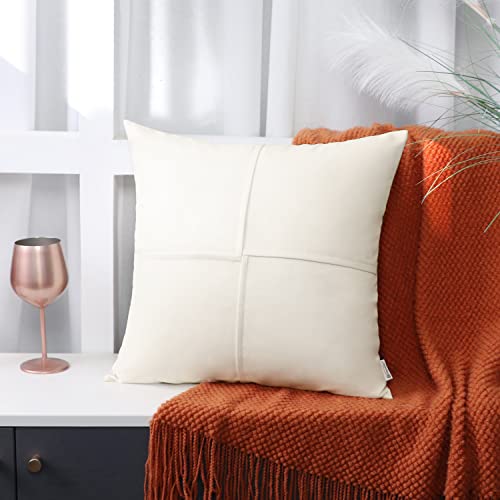 Image of BRAWARM Faux Leather Throw Pillow Covers 18 X 18 Inches, Cream Leather Pillow Covers Pack of 2, Hand Stitched Leather Decorative Throw Pillows for Couch Sofa Bed Living Room Home Garden