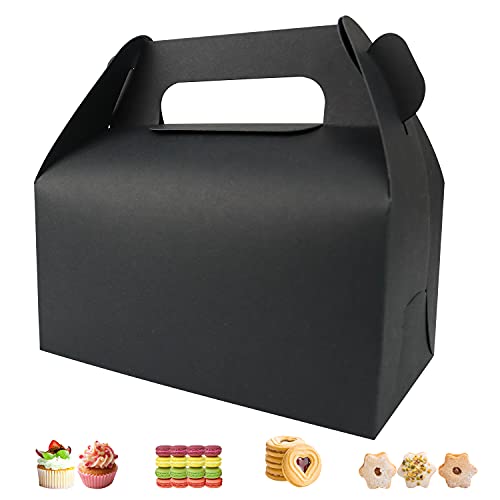25 Pack Treat Boxes Candy Gift Boxes Gable Boxes Party Favour Boxes Small Black Goodie Boxes Party Boxes Cookie Box Bakery Favor Boxes with Handle and Stickers for Wedding Birthday Party by Gbateri