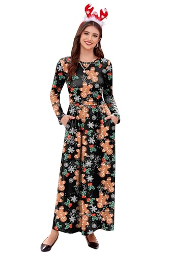 Robe longue de Noël à manches longues et poches pour fête d'hiver élégante