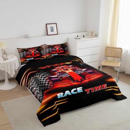 Image of Feelyou Kids Race Car Comforter Set Toddler Size, Racing Sports Duvet Insert Boys Girls Black Red Ombre Bedding Set Teens Bedroom Decor with 1 Pillow Case