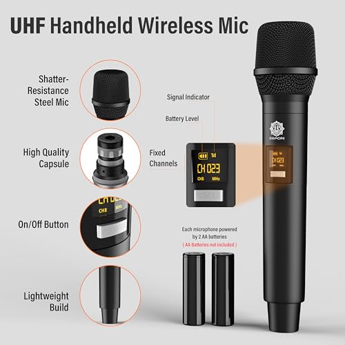 Image of DIGIMORE Wireless Microphone System | 2 Handheld Mics | 150Ft Range | Cardioid Pickup | Balanced XLR Outs & UnBal 6.35mm Out | Cordless Mic for Singing, Karaoke, Church, DJ (D-315)