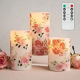 LUSHARBOR Flameless Candles with Remote, Battery Operated Candles Real Wax Pink Rose Flickering LED Candles Floral Christmas Decor Electric Pillar Candles Set of 3