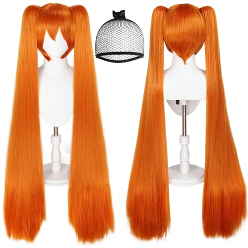 ANOGOL Hair Cap+48inch/120cm Orange Wig with Double Ponytails Wigs Long Straight Orange Ponytail Cosplay Wig with Bangs Synthetic Hair Anime Wigs Costume for Women Girls Costume Party Halloween