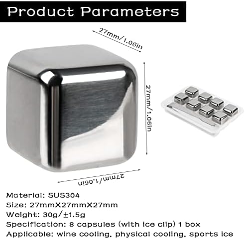 Stainless Steel Ice Cubes, 8PCS Reusable Ice Cubes, Whiskey Stones, Ice Stones, Reusable Whisky Ice Cubes Stones with Ice Tongs & Tray, 304 Stainless Steel Chilling Rocks for Whiskey Wine Gin Drinks