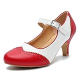 Rjclyh Women's Mary Jane Double-Tone Oxford Pumps Comfortable Low Kitten Heels Retro Ankle Strap Round Toe Dress Shoes Red & White US 9