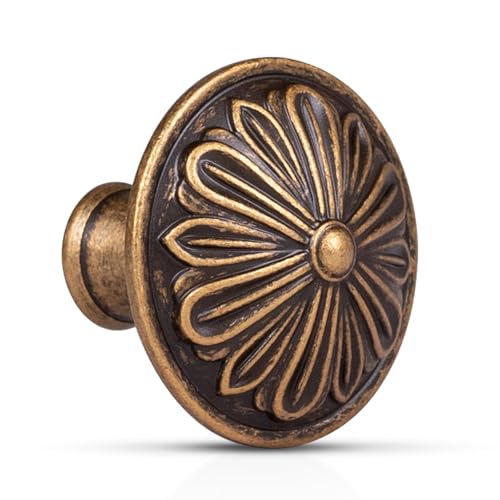 Image of DWYL & LWYD Antique Brass Cabinet Knobs 4 Pack - Solid Die-Cast Zinc Alloy 1.4 inchDia - Vintage Brass Round Cabinet Handles for Kitchen Cabinets and Drawers, Dresser Knobs Drawer Pulls Vintage