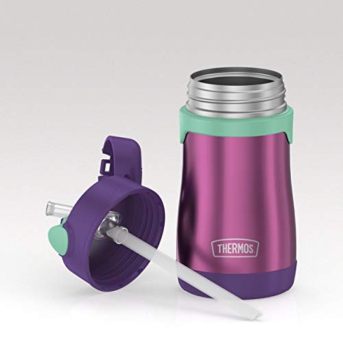 Image of Thermos Baby 10 oz. Stainless Steel Bottle with pop-up straw, Purple with Teal
