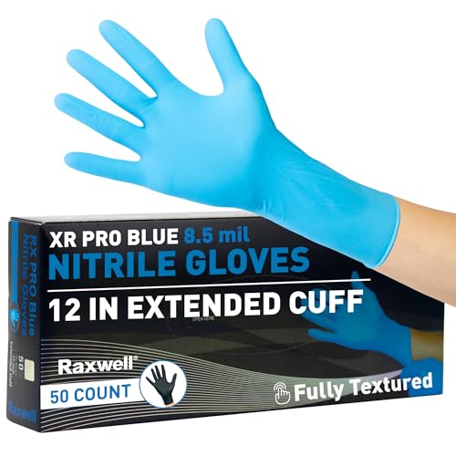 Raxwell Disposable Nitrile Gloves - Waterproof Chemical-Resistant Dishwashing & Cooking Gloves - Extended Cuff Long Nitrile - Medium, Blue, Pack of 50, 8.5 mil