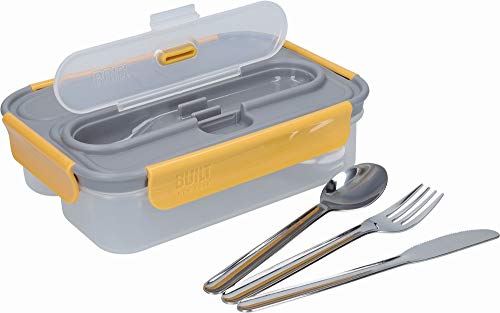 Built Bento Leakproof Lunch Box with Stainless Steel Cutlery, Plastic, Grey/Yellow, 23.5 x 17 x 6.5 cm