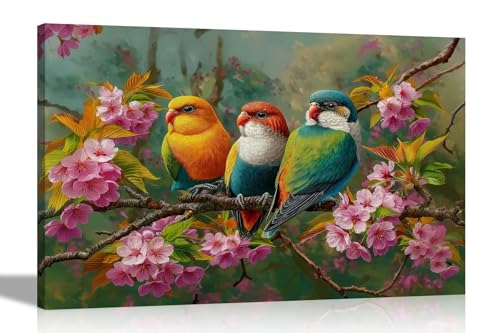 Image of Artley Prints - Exotic Parrots Purple Pink Flowers Canvas Wall Art Pictures Flower Artwork Home Decor Living Room 76 x 50cm (30 x 20 inches)