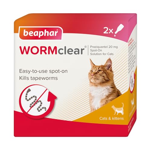Beaphar - WORMclear Spot-On for Cats 2 Pipettes - Kills Tapeworms - Vet Strength Medicinal Worming Treatment - Easy-To-Use Spot-On Wormer - Suitable for Cats & Kittens Weighing More than 1kg
