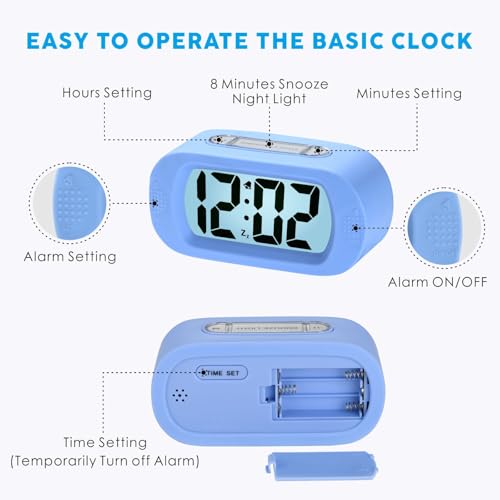 Image of Plumeet Kids Alarm Clock Large Digital LCD Travel Alarm Clocks with Snooze and Night Light - Ascending Sound and Handheld Size - Best Gift for Kids (Baby Blue)