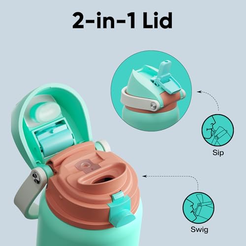 Image of Insulated Water Bottle with Straw - Encool Stainless Steel Water Bottle with Push Button Lid, Leak-Proof & BPA-Free, Keeps Cold for 24 Hours for Sports, Travel, Gym (32 oz, Turquoise)