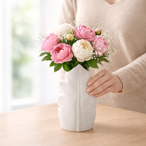 Image of Plastic White Ceramic-Look Leaf Design Vase for Flowers, Modern Textured Decorative Table Vase for Living Room, Bedroom, Office, Dining Table, Lightweight & Unbreakable Flower Pot (Leaf Shape)
