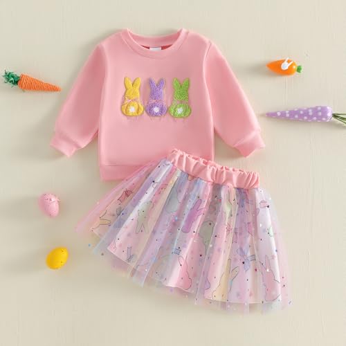 Image of Toddler Girl Easter Outfit Cute Bunny Letter Embroidery Sweatshirt Party Tutu Tulle Skirt Kids Spring Clothes