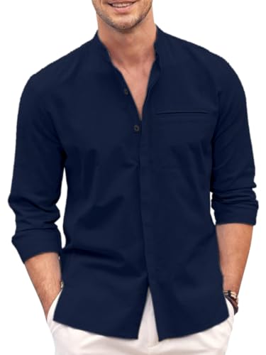 Image of Mens Casual Button Down Shirt | Cotton Luster Long Sleeves Shirts | Mandarin Collared Shirts