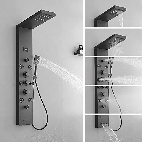 Bwe Shower Panel Rainfall Waterfall With Handheld Shower Matte Black 6 In 1 Stainless Steel Shower Tower Panel System Massage Body Jets With Tub Spout Water Temperature Display Wall Mount #TOP4